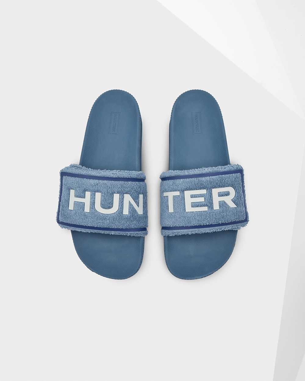 Mens Hunter Original Terry Towelling Logo Adjustable Slides Blue | UIYNJV-670